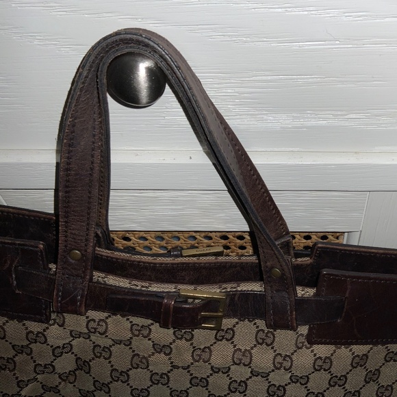 AUTHENTIC GUCCI PRELOVED HANDBAG BROWN BEIGE CANVAS LEATHER GG SATCHEL BUCKLE - Picture 6 of 9